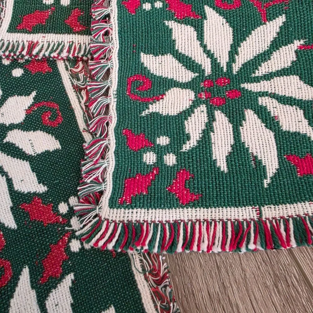 Vintage Poinsettia & Holly Woven Reversible Christmas Placemats Table Runner